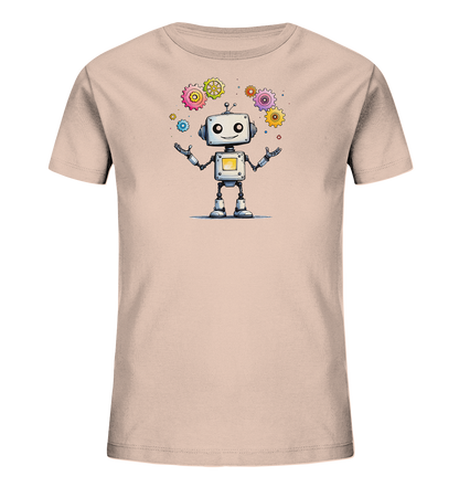 Onlineshop Shirts für Kinder - Das Bild zeigt ein hellrosa T-Shirt für Kinder, das mit einer fröhlichen Grafik versehen ist. Auf der Vorderseite ist ein weißer Cartoon-Roboter mit einem lachenden Gesicht abgebildet, der seine Arme erhoben hat. Um den Roboter herum schweben mehrere bunte Zahnräder in verschiedenen Größen und Farben wie Rosa, Grün, Gelb und Blau. Das Design wirkt spielerisch und technisch angehaucht und eignet sich gut für technikbegeisterte Kinder.