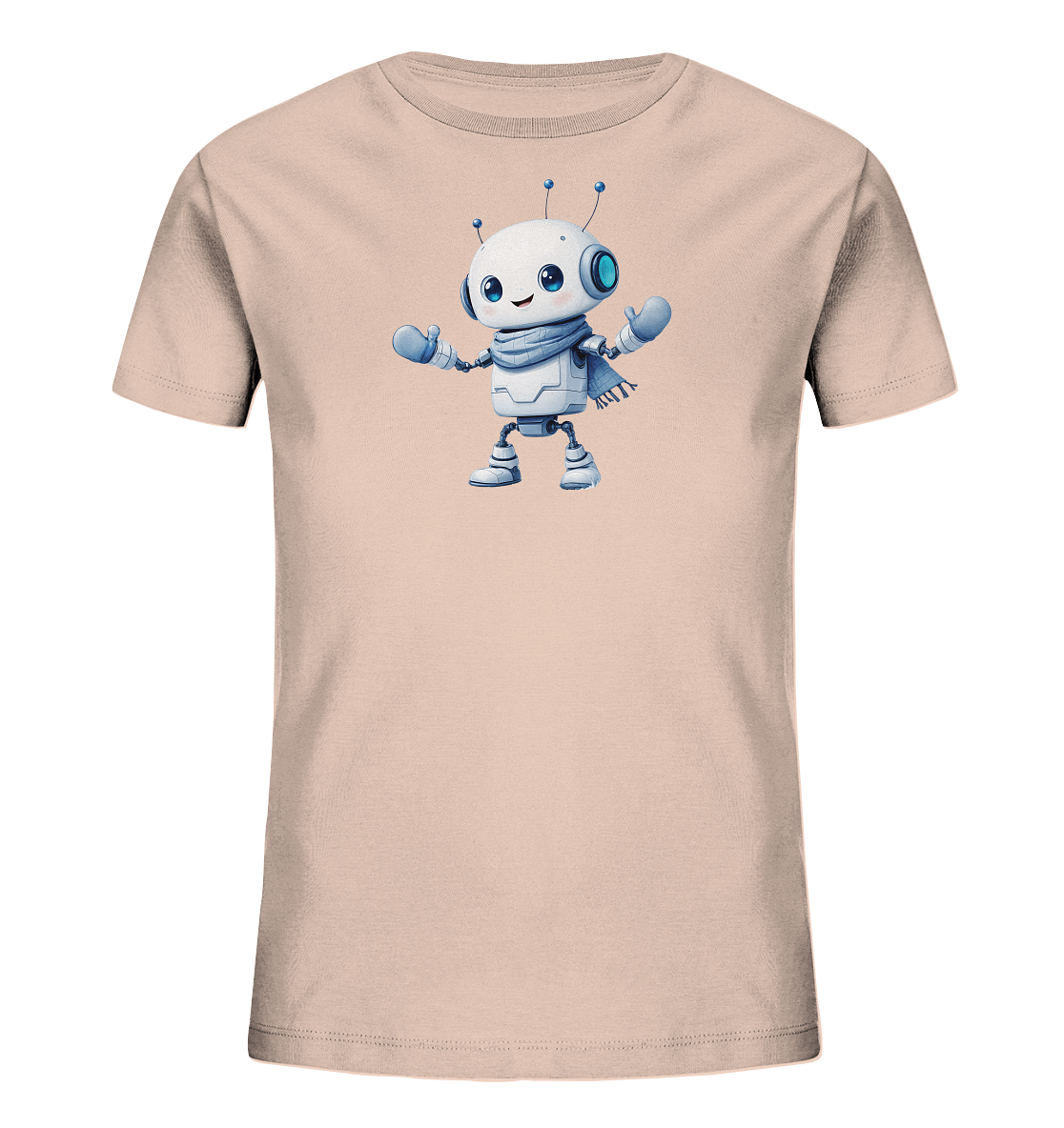 Onlineshop Shirts für Kinder - Das Bild zeigt ein hellbeiges Kinder-T-Shirt, auf dessen Vorderseite ein niedlicher, cartoonhafter Roboter abgebildet ist. Der Roboter ist weiß mit blauen Akzenten wie Augen, Antennen, einem Schal und Fäustlingen. Er steht mit freundlichem Gesichtsausdruck und leicht geöffneten Armen da. Das Design wirkt verspielt und ist ansprechend für Kinder gestaltet.