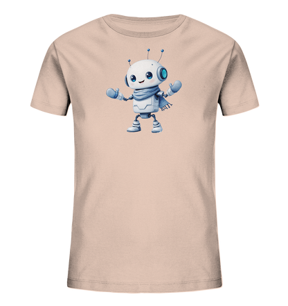 Onlineshop Shirts für Kinder - Das Bild zeigt ein hellbeiges Kinder-T-Shirt, auf dessen Vorderseite ein niedlicher, cartoonhafter Roboter abgebildet ist. Der Roboter ist weiß mit blauen Akzenten wie Augen, Antennen, einem Schal und Fäustlingen. Er steht mit freundlichem Gesichtsausdruck und leicht geöffneten Armen da. Das Design wirkt verspielt und ist ansprechend für Kinder gestaltet.