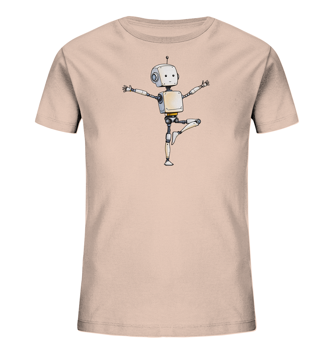 Onlineshop Shirts für Kinder - Das Bild präsentiert ein T-Shirt für Kinder in einem hellen Nude- oder Rosaton. Zentral auf der Vorderseite ist eine Illustration eines kleinen Roboters platziert. Der Roboter hat ein freundliches Gesicht, eine Antenne auf dem Kopf und steht in einer dynamischen Pose auf einem Bein mit ausgestreckten Armen. Die Darstellung wirkt verspielt und erinnert an einen tanzenden oder balancierenden Charakter.