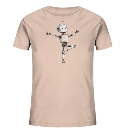 Onlineshop Shirts für Kinder - Das Bild präsentiert ein T-Shirt für Kinder in einem hellen Nude- oder Rosaton. Zentral auf der Vorderseite ist eine Illustration eines kleinen Roboters platziert. Der Roboter hat ein freundliches Gesicht, eine Antenne auf dem Kopf und steht in einer dynamischen Pose auf einem Bein mit ausgestreckten Armen. Die Darstellung wirkt verspielt und erinnert an einen tanzenden oder balancierenden Charakter.