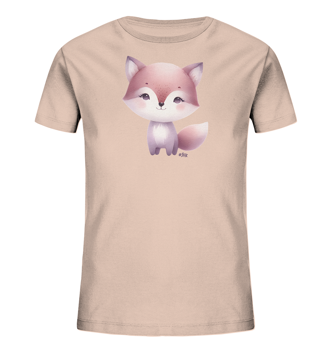 Onlineshop Shirts fuer Kinder - Das Bild zeigt ein hellrosafarbenes T-Shirt fuer Kinder. Auf der Vorderseite ist eine niedliche Illustration eines sitzenden Fuchses zu sehen. Der Fuchs ist in rosa-lila Toenen gehalten und hat ein freundliches Gesicht mit roten Wangen. Das Motiv ist kindgerecht und verleiht dem Shirt einen verspielten Charakter.