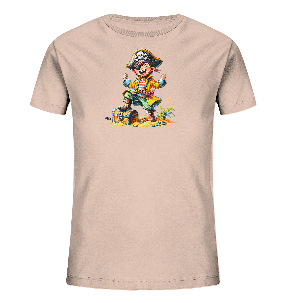 Onlineshop Shirts fuer Kinder - Dieses T-Shirt in hellem Beige ist mit einer lebhaften Grafik eines froehlichen Cartoon-Piraten bedruckt. Der Pirat steht mit erhobenen Armen auf einer geoeffneten Schatzkiste, waehrend im Hintergrund eine kleine Strandlandschaft mit Palme zu sehen ist. Die Illustration zeigt viele bunte Details wie die Kleidung des Piraten, Muscheln und Muenzen. Das Design hat einen verspielten und abenteuerlichen Charakter, ideal fuer kleine Entdecker.