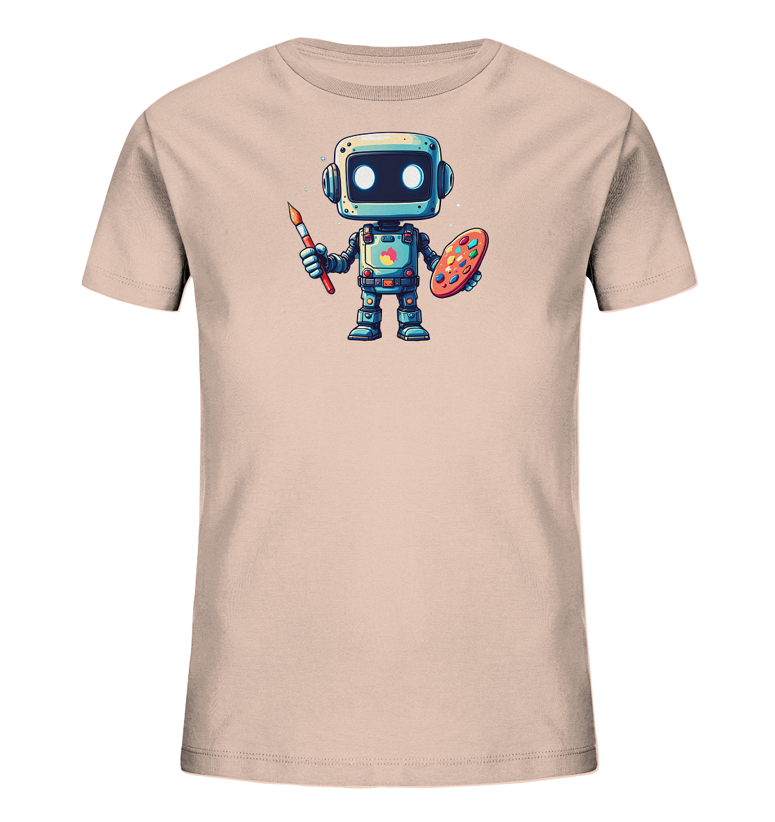 Onlineshop Shirts für Kinder - Das Bild zeigt ein Kinder-T-Shirt in einem hellen Erdbeer-Tonic Farbton. Auf der Vorderseite ist ein niedlicher, stilisierter Roboter abgebildet, der künstlerische Werkzeuge hält. Der Roboter hält in einer Hand einen Pinsel und in der anderen eine bunte Farbpalette. Das Design ist detailliert und zeigt den Roboter mit großen Augen und Antennen, was ihm einen freundlichen und kreativen Ausdruck verleiht.