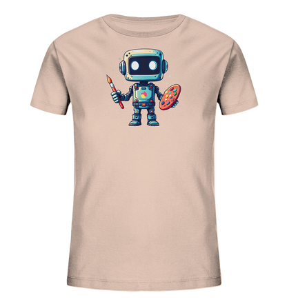 Onlineshop Shirts für Kinder - Das Bild zeigt ein Kinder-T-Shirt in einem hellen Erdbeer-Tonic Farbton. Auf der Vorderseite ist ein niedlicher, stilisierter Roboter abgebildet, der künstlerische Werkzeuge hält. Der Roboter hält in einer Hand einen Pinsel und in der anderen eine bunte Farbpalette. Das Design ist detailliert und zeigt den Roboter mit großen Augen und Antennen, was ihm einen freundlichen und kreativen Ausdruck verleiht.