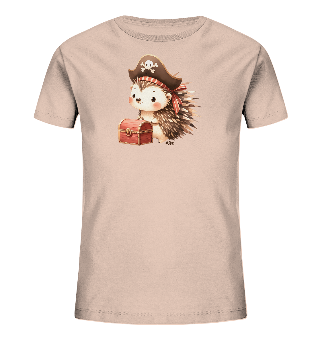 Onlineshop Shirts fuer Kinder - Das Bild zeigt ein Kinder-T-Shirt in einem hellen Rosaton. Auf der Vorderseite ist eine grafische Darstellung eines Igels zu sehen. Der Igel traegt einen Piratenhut und sitzt neben einer kleinen, roten Schatzkiste. Die Illustration hat einen freundlichen und verspielten Stil.