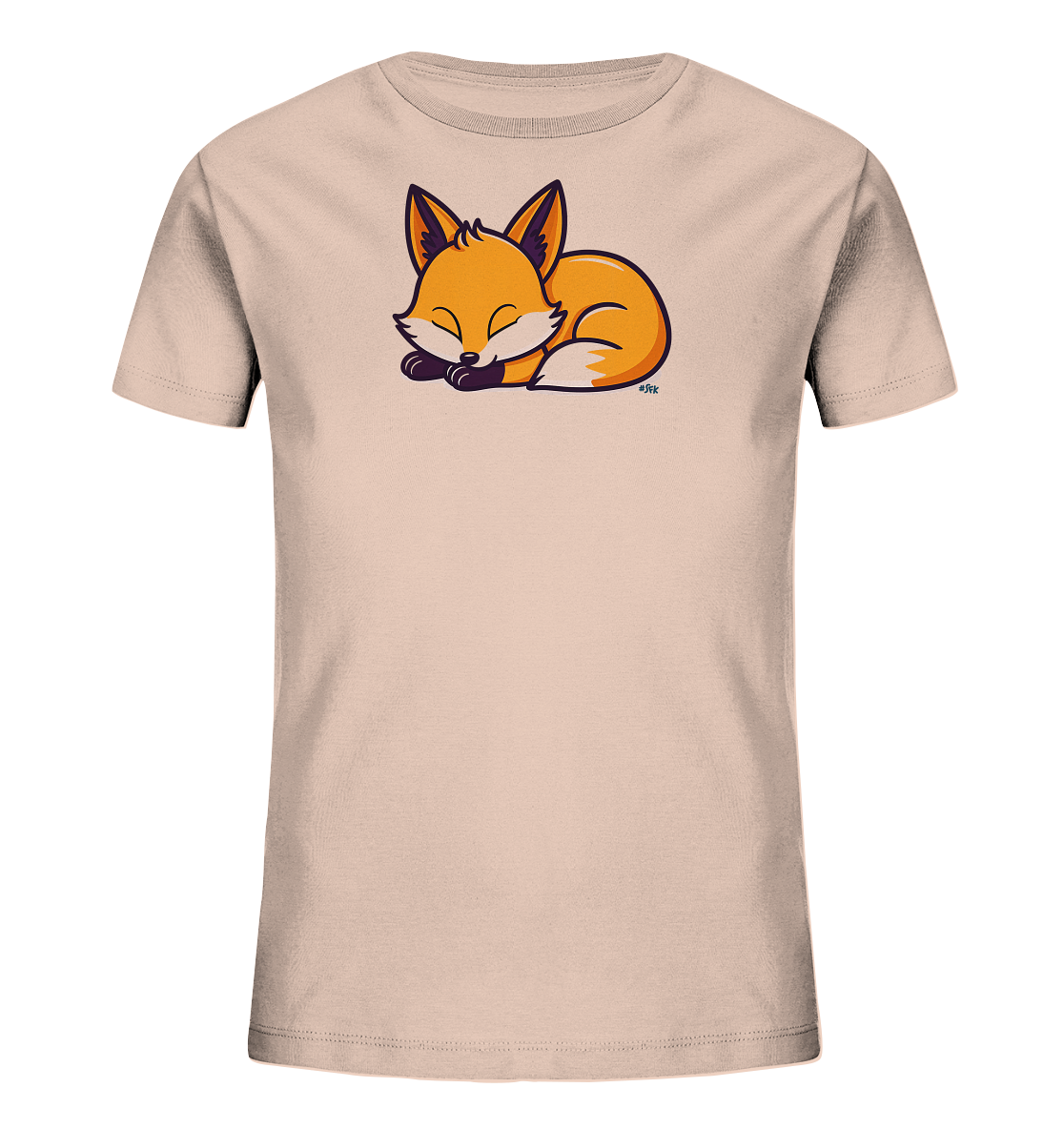 Onlineshop Shirts fuer Kinder - Das Bild zeigt ein hellbeiges Kinder-T-Shirt. Auf der Vorderseite ist ein niedlicher, schlafender Fuchs abgebildet, der sich zusammengerollt hat. Der Fuchs ist in warmen Orangetoenen mit dunklen Konturen gehalten und vermittelt einen friedlichen Ausdruck. Das Design ist neutral und ansprechend fuer Kinder.