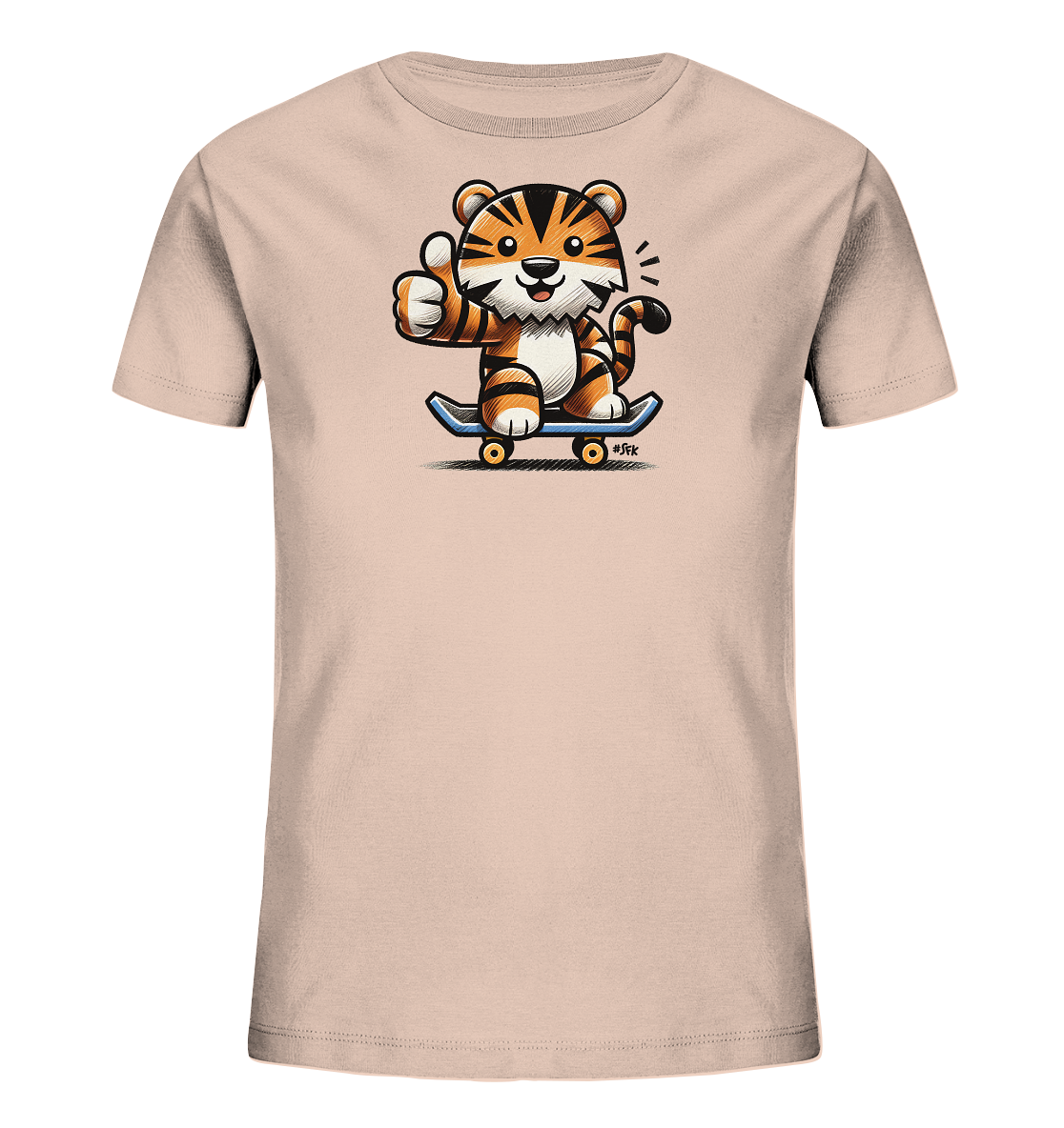 Onlineshop Shirts fuer Kinder - Hellbeiges T-Shirt mit lustigem Cartoon-Tiger. Der Tiger sitzt auf einem blauen Skateboard und gibt einen Daumen hoch. Ein verspieltes Design.
