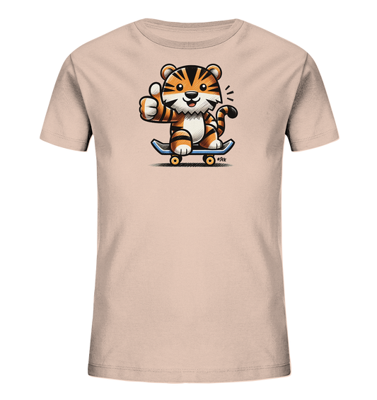 Onlineshop Shirts fuer Kinder - Hellbeiges T-Shirt mit lustigem Cartoon-Tiger. Der Tiger sitzt auf einem blauen Skateboard und gibt einen Daumen hoch. Ein verspieltes Design.