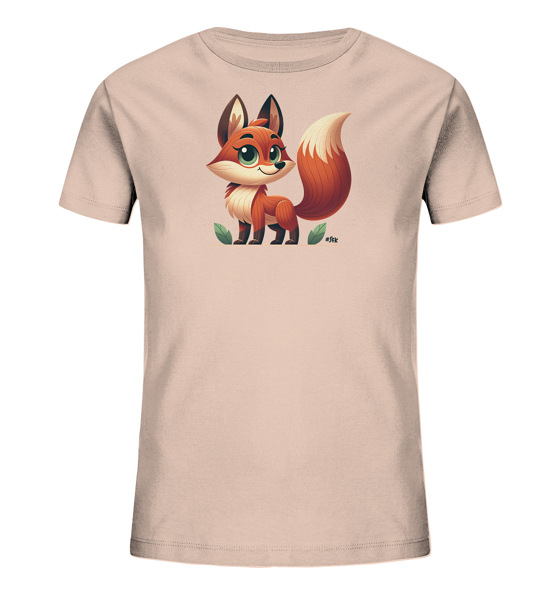 Onlineshop Shirts fuer Kinder - Auf diesem Bild ist ein beiges Kinder-T-Shirt zu sehen, das mit einer Illustration eines suessen Fuchses bedruckt ist. Der Cartoon-Fuchs hat hellbraunes Fell, grosse gruene Augen und einen buschigen, orangefarbenen Schwanz. Er ist in einer freundlichen Pose dargestellt und von Blaettern umrahmt. Das Design ist ansprechend fuer Kinder.
