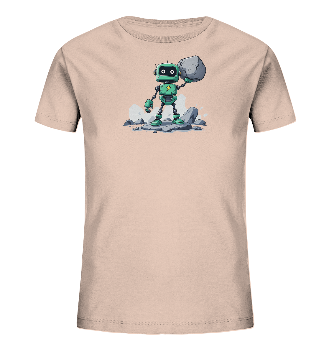 Onlineshop Shirts für Kinder - Das Bild zeigt ein Kinder-T-Shirt in einem hellen Rosa- oder Pfirsichton. Auf der Vorderseite des Shirts befindet sich eine detaillierte Grafik eines grünen Roboters. Der Roboter steht auf stilisierten Felsen und hält mit seinem rechten Arm einen großen grauen Stein über seinem Kopf. Das Motiv wirkt dynamisch und farbenfroh, mit dem grünen Roboter und dem gelben Blitzsymbol auf seiner Brust im Mittelpunkt.