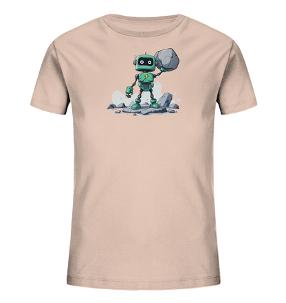 Onlineshop Shirts für Kinder - Das Bild zeigt ein Kinder-T-Shirt in einem hellen Rosa- oder Pfirsichton. Auf der Vorderseite des Shirts befindet sich eine detaillierte Grafik eines grünen Roboters. Der Roboter steht auf stilisierten Felsen und hält mit seinem rechten Arm einen großen grauen Stein über seinem Kopf. Das Motiv wirkt dynamisch und farbenfroh, mit dem grünen Roboter und dem gelben Blitzsymbol auf seiner Brust im Mittelpunkt.