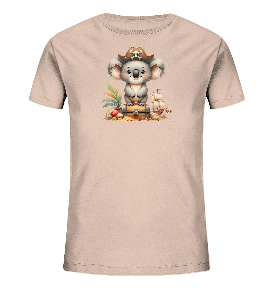 Onlineshop Shirts fuer Kinder - Dieses hellbeige Kinder T-Shirt zeigt eine charmante Illustration eines Koalas in einem Piratenhut. Der Koala sitzt auf einer Schatzkiste, umgeben von Goldmuenzen, einer Palme und einem kleinen Schiff. Das Design faengt eine froehliche Piratenabenteuer-Szene ein, ideal fuer junge Entdecker. Die Grafik ist farbenfroh und detailliert.