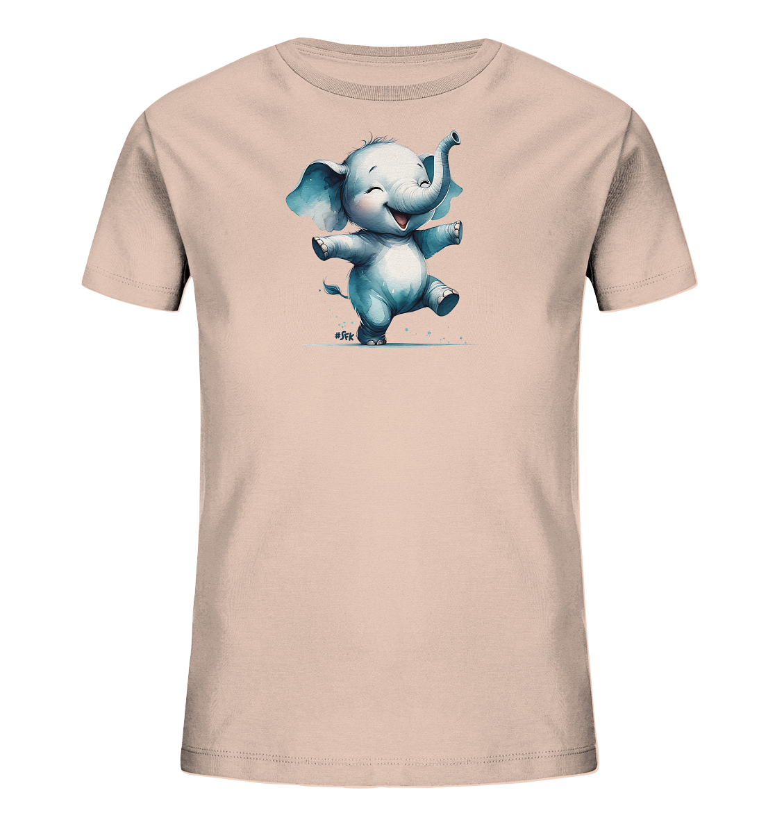 Onlineshop Shirts fuer Kinder - Dieses hellrosa Kinder T-Shirt zeigt einen froehlichen, cartoonhaften Baby-Elefanten, der tanzt. Der Elefant ist in Blautoenen gehalten, hat grosse Ohren und lacht mit erhobenem Ruessel und ausgebreiteten Armen. Kleine blaue Spritzer umgeben seine Fuesse und verstaerken den spielerischen Eindruck. Das Design strahlt Freude und Leichtigkeit aus.