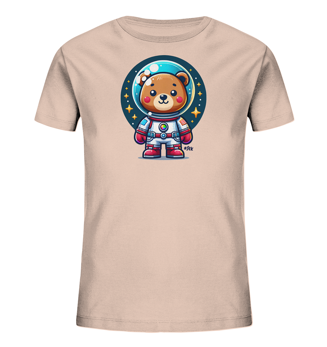 Onlineshop Shirts fuer Kinder - Das Bild zeigt ein hellrosa Kinder-T-Shirt mit einem niedlichen Motiv eines Baeren im Astronautenanzug. Der Cartoon-Baer traegt einen farbigen Raumanzug und einen Helm. Er steht vor einem dunkelblauen Kreis mit leuchtenden Sternen. Dieses Design verleiht dem Shirt einen verspielten und kosmischen Look.