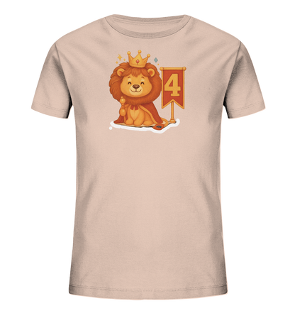Kinder T-Shirt mit Löwenkönig, Krone, rotem Umhang und Zahl 4