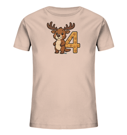 Onlineshop Shirts fuer Kinder - Dieses hellbeige T-Shirt zeigt ein suesses Cartoon-Reh mit Geweih auf der Vorderseite. Das froehliche Reh steht neben der Zahl '4', die kreativ mit Pfotenabdruecken verziert ist. Dieses Design ist ideal fuer Kinder und wirkt sehr verspielt.