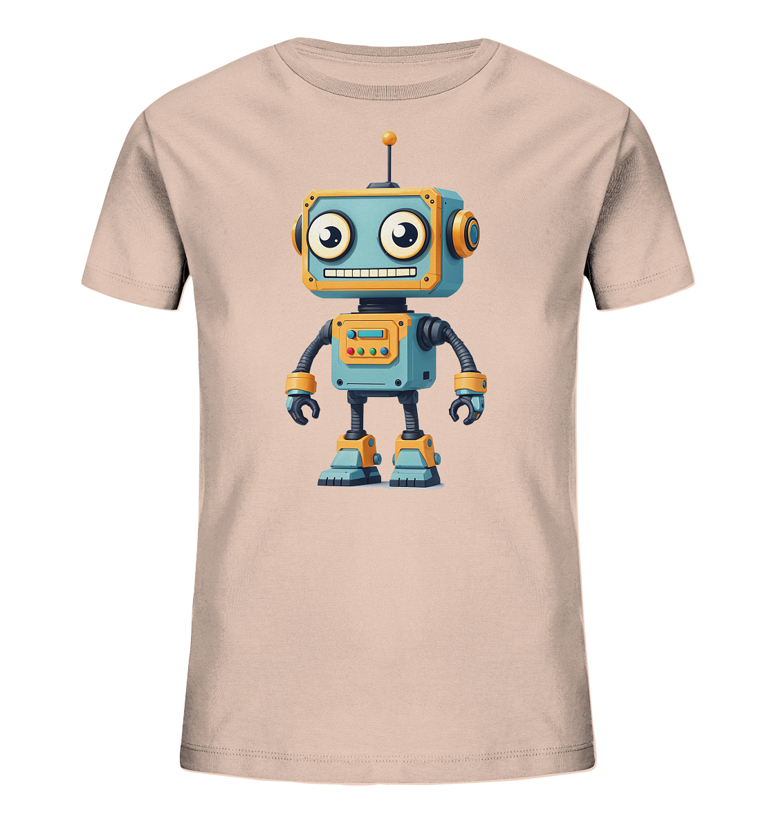 Onlineshop Shirts für Kinder - Das Bild zeigt ein kurzärmeliges Kinder-T-Shirt in einem hellen Cremeton oder Pfirsichton. Auf der Vorderseite ist eine detaillierte, cartoonartige Illustration eines Roboters platziert. Der Roboter hat einen blauen Körper mit gelben Akzenten, große runde Augen und ein breites, freundliches Lächeln. Er steht aufrecht und blickt nach vorne, was dem Shirt einen verspielten und ansprechenden Charakter verleiht.