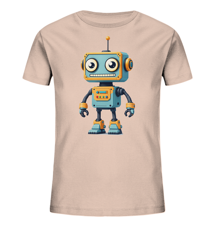 Onlineshop Shirts für Kinder - Das Bild zeigt ein kurzärmeliges Kinder-T-Shirt in einem hellen Cremeton oder Pfirsichton. Auf der Vorderseite ist eine detaillierte, cartoonartige Illustration eines Roboters platziert. Der Roboter hat einen blauen Körper mit gelben Akzenten, große runde Augen und ein breites, freundliches Lächeln. Er steht aufrecht und blickt nach vorne, was dem Shirt einen verspielten und ansprechenden Charakter verleiht.