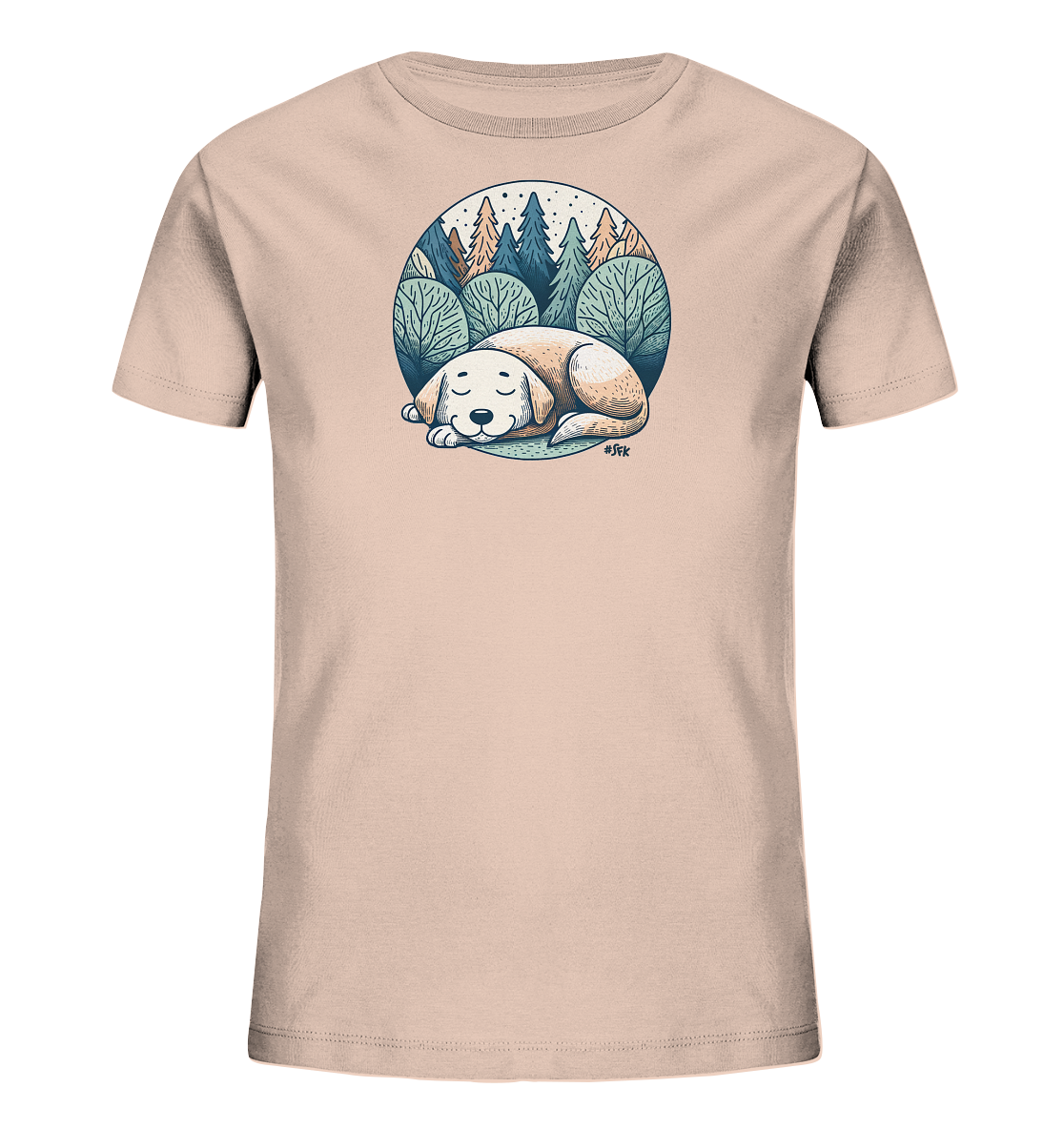 Onlineshop Shirts fuer Kinder - Das Bild zeigt ein hellrosa T-Shirt fuer Kinder mit einer runden Grafik auf der Vorderseite. Das Motiv stellt einen friedlich schlafenden Hund dar, der in einer Naturlandschaft mit Baeumen und Bueschen liegt. Der Hintergrund zeigt einen Himmel mit Sternen.