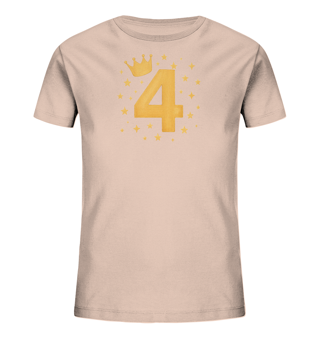 Onlineshop Shirts fuer Kinder - Das Bild zeigt ein hellrosa Kinder-T-Shirt mit einem Design rund um die Zahl Vier. Im Zentrum des Motivs steht eine grosse goldene Vier, ueber der eine kleine goldene Krone schwebt. Verstreute goldene Sterne und kleine Kreuze umrahmen die Zahl und die Krone. Das Gesamtbild ist schlicht und wirkt festlich.