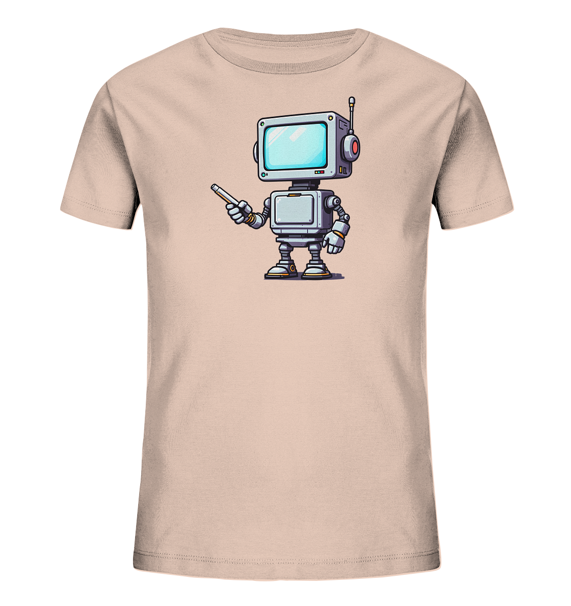 Onlineshop Shirts für Kinder - Das Bild zeigt ein hellbeiges T-Shirt für Kinder. Auf der Vorderseite ist ein detailliertes Comic-Motiv eines freundlichen Roboters abgebildet. Der Roboter besitzt einen Kopf in Form eines alten Fernsehers mit blauer Bildfläche und hält einen Zeigestock. Das Design ist farbenfroh gestaltet und zeigt den Roboter in einer aufrechten Pose. Dieses T-Shirt ist mit seinem digitalen Thema ansprechend für Kinder.