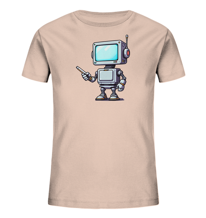 Onlineshop Shirts für Kinder - Das Bild zeigt ein hellbeiges T-Shirt für Kinder. Auf der Vorderseite ist ein detailliertes Comic-Motiv eines freundlichen Roboters abgebildet. Der Roboter besitzt einen Kopf in Form eines alten Fernsehers mit blauer Bildfläche und hält einen Zeigestock. Das Design ist farbenfroh gestaltet und zeigt den Roboter in einer aufrechten Pose. Dieses T-Shirt ist mit seinem digitalen Thema ansprechend für Kinder.