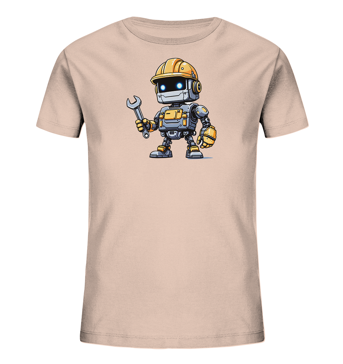 Onlineshop Shirts für Kinder - Das Bild zeigt ein hellbeige-farbenes Kinder T-Shirt, auf dessen Vorderseite ein detailreicher Cartoon-Roboter abgebildet ist. Der Roboter trägt einen gelben Bauarbeiterhelm und hält einen Schraubenschlüssel in seiner rechten Hand. Er hat leuchtend blaue Augen und eine graue, gelbe und metallische Farbgebung. Das Design des Roboters ist verspielt und technisch zugleich, ideal für kleine Technik-Fans.