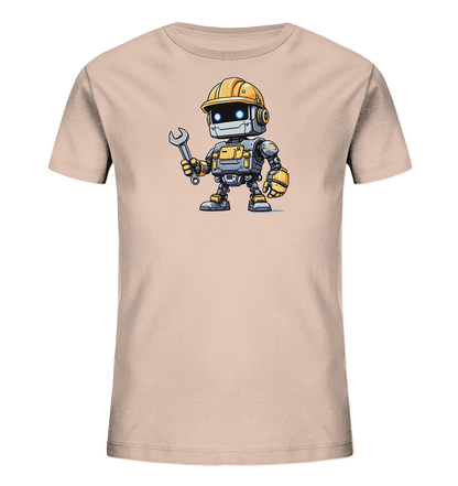 Onlineshop Shirts für Kinder - Das Bild zeigt ein hellbeige-farbenes Kinder T-Shirt, auf dessen Vorderseite ein detailreicher Cartoon-Roboter abgebildet ist. Der Roboter trägt einen gelben Bauarbeiterhelm und hält einen Schraubenschlüssel in seiner rechten Hand. Er hat leuchtend blaue Augen und eine graue, gelbe und metallische Farbgebung. Das Design des Roboters ist verspielt und technisch zugleich, ideal für kleine Technik-Fans.