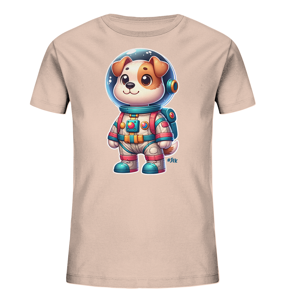Onlineshop Shirts fuer Kinder - Das Bild zeigt ein beiges T-Shirt fuer Kinder mit einer niedlichen Cartoon-Illustration eines Hundes in einem Astronautenanzug. Der Hund traegt einen Helm und einen detailreichen Raumanzug in verschiedenen Farben wie Weiss, Blau, Rot und Gelb. Die Illustration ist froehlich und detailliert gestaltet, was dem Shirt einen verspielten Weltraum-Charakter verleiht.