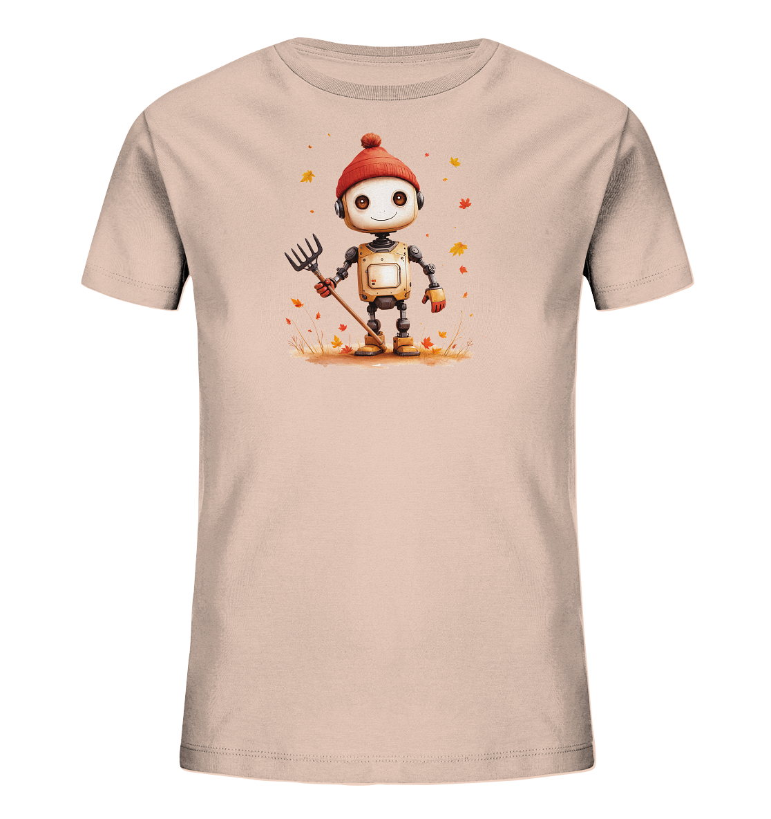 Onlineshop Shirts für Kinder - Das Bild zeigt ein hellrosafarbenes T-Shirt für Kinder mit einem detaillierten Print auf der Vorderseite. Die Illustration stellt einen freundlichen, kleinen Roboter dar, der eine rote Strickmütze und orangefarbene Handschuhe trägt. Der Roboter steht in einer Szene mit herabfallendem Herbstlaub und hält einen Rechen in der Hand. Das Design vermittelt eine herbstliche und hilfsbereite Stimmung, passend für die kühlere Jahreszeit.