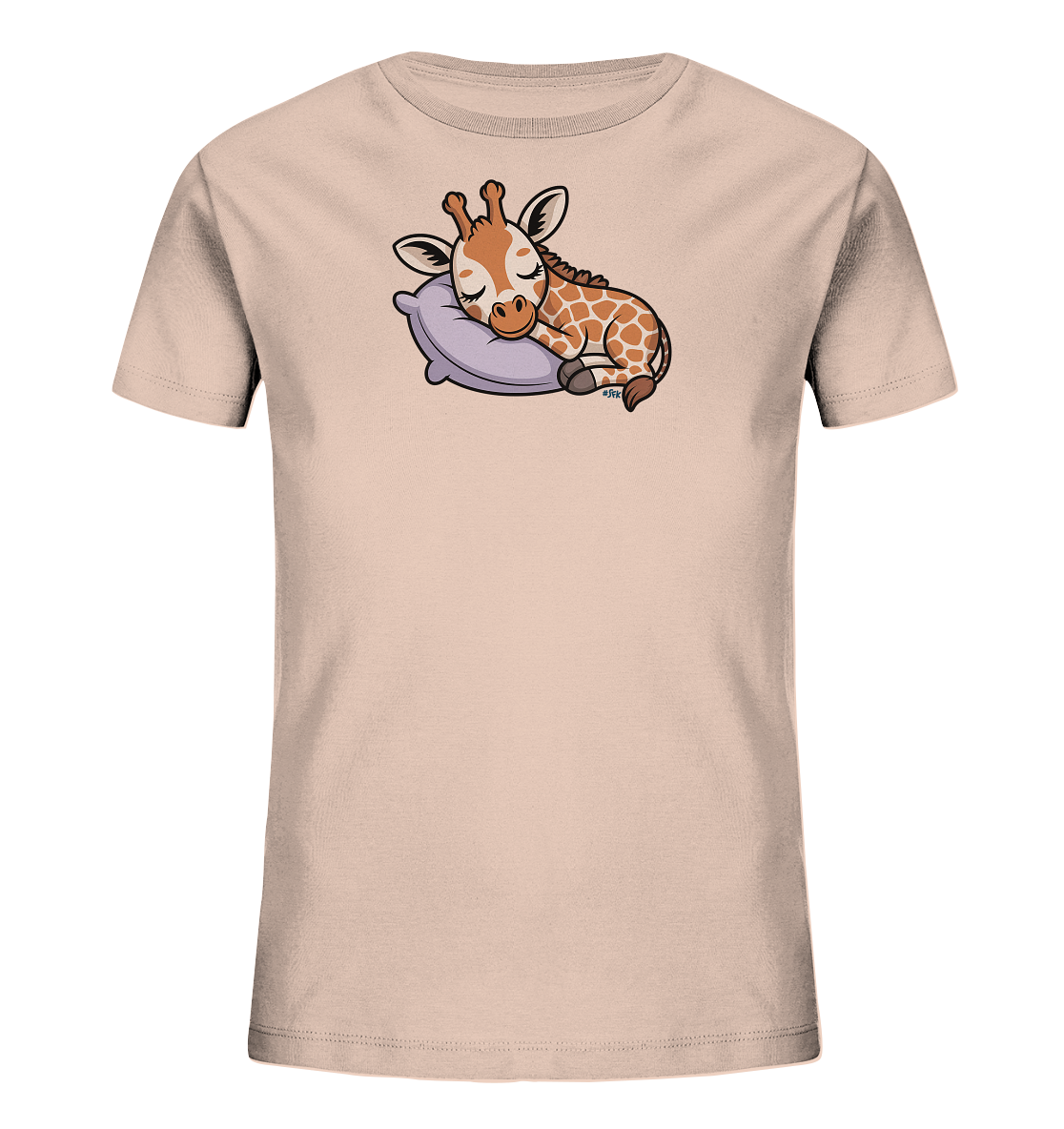 Kinder-T-Shirt mit niedlicher Baby-Giraffe, die auf einem Kissen kuschelt.