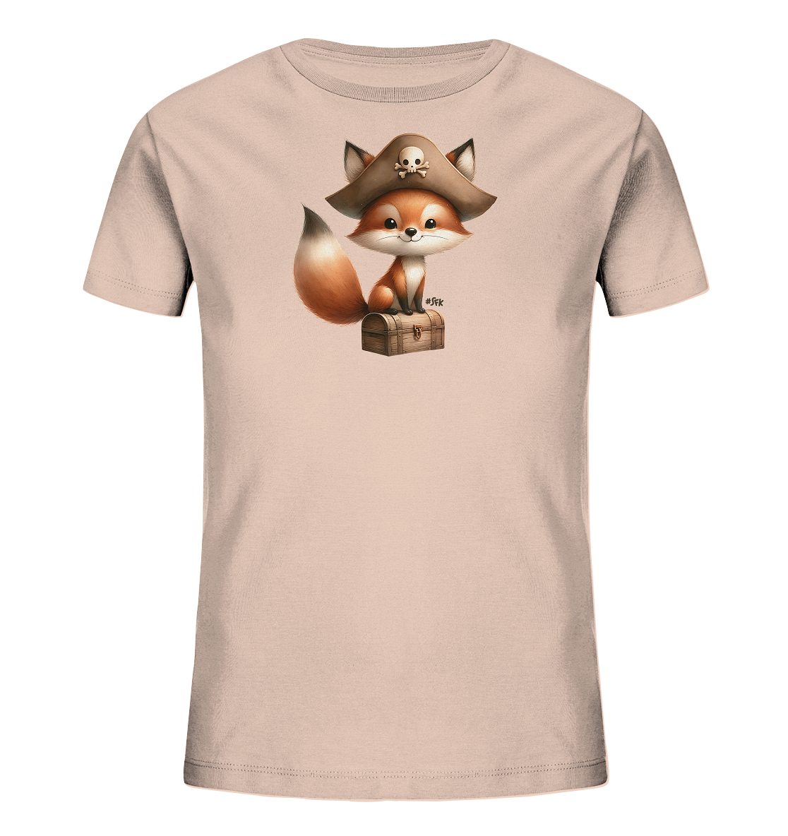Onlineshop Shirts fuer Kinder - Das Bild zeigt ein hellrosafarbenes Kinder-T-Shirt mit einer niedlichen Grafik auf der Vorderseite. Abgebildet ist ein cartoonhafter Fuchs, der einen Piratenhut mit Totenkopf traegt. Der Fuchs sitzt auf einer kleinen, verschlossenen Schatzkiste. Das Design ist verspielt und abenteuerlich.