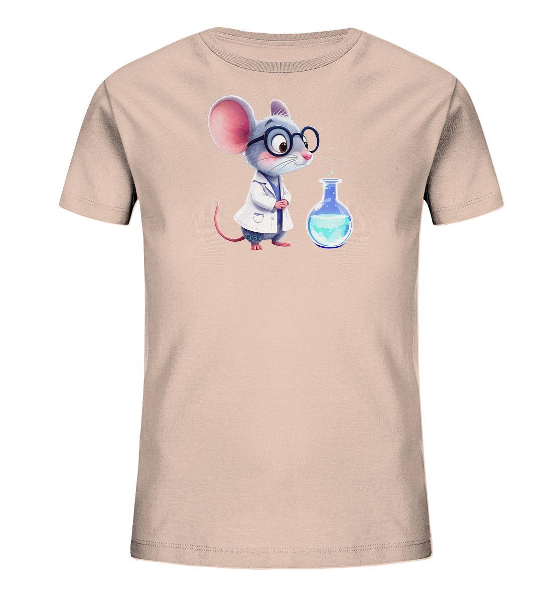 Onlineshop Shirts fuer Kinder - Dieses beigefarbene Kinder-T-Shirt zeigt eine entzueckende Maus in einem weissen Laborkittel und runder Brille. Sie ist fasziniert auf eine blaue Laborflasche gerichtet, die vor ihr steht. Das Motiv wirkt spielerisch und weckt Neugier, perfekt fuer kleine Forscher.