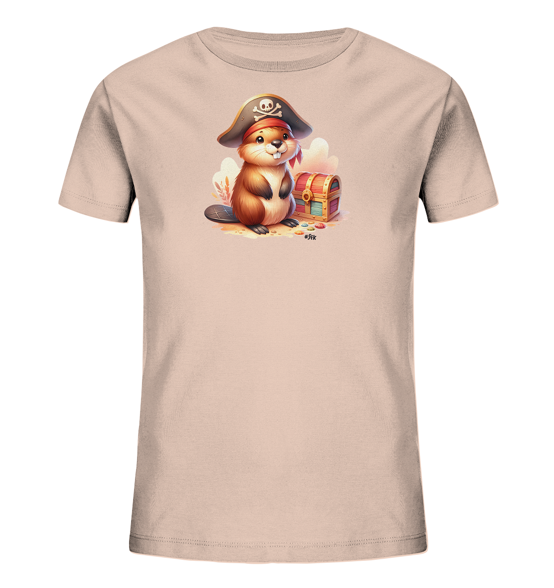 Onlineshop Shirts fuer Kinder - Das Bild zeigt ein hellrosa T-Shirt mit einem niedlichen Biber in Piratenaufmachung. Der Biber traegt einen Piratenhut und sitzt neben einer kleinen Schatzkiste voller bunter Schaetze. Die Grafik ist cartoonhaft und detailreich gestaltet. Dieses froehliche Motiv ist ideal fuer kleine Abenteurer.
