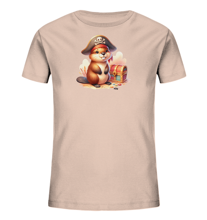 Onlineshop Shirts fuer Kinder - Das Bild zeigt ein hellrosa T-Shirt mit einem niedlichen Biber in Piratenaufmachung. Der Biber traegt einen Piratenhut und sitzt neben einer kleinen Schatzkiste voller bunter Schaetze. Die Grafik ist cartoonhaft und detailreich gestaltet. Dieses froehliche Motiv ist ideal fuer kleine Abenteurer.