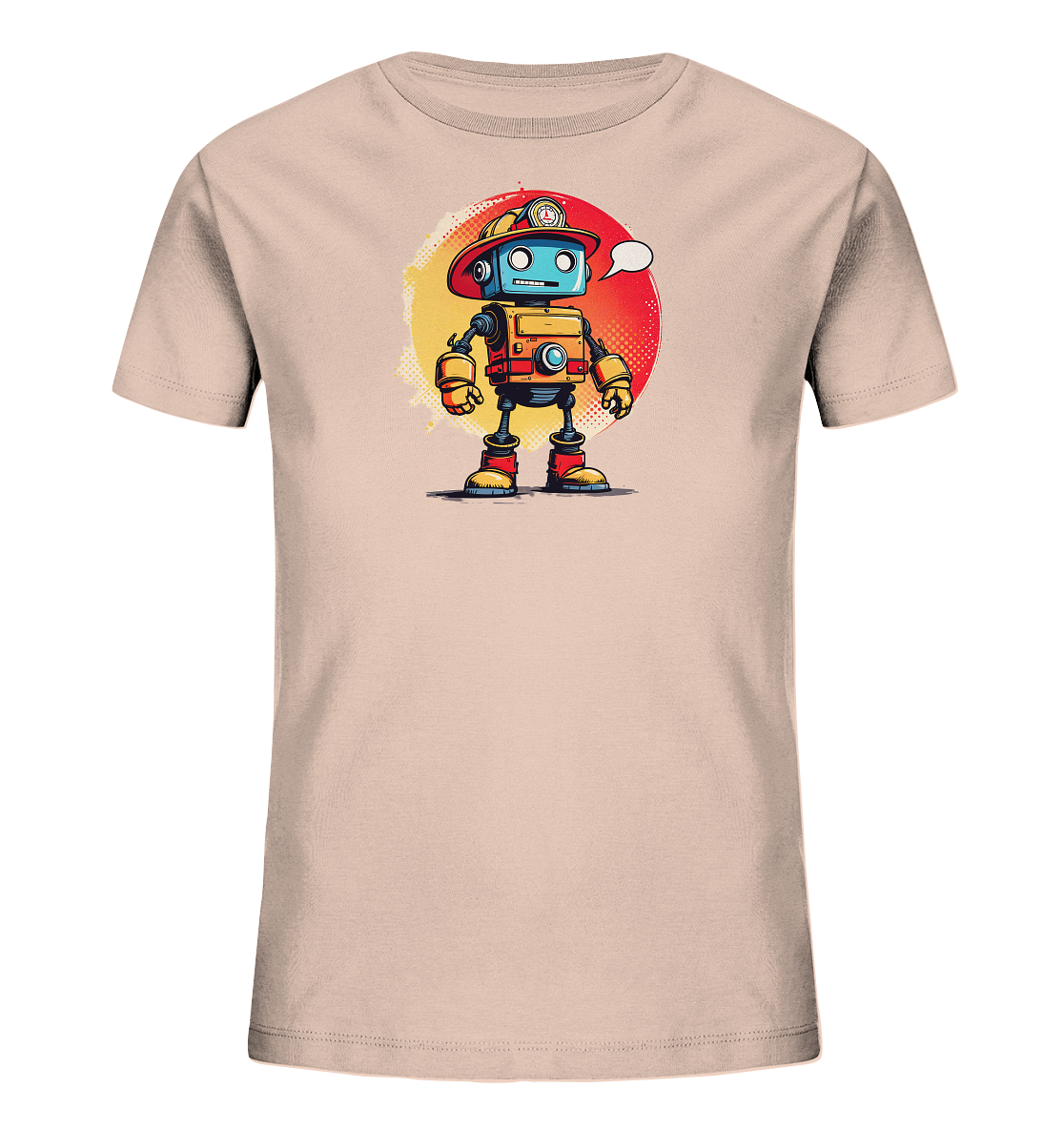 Onlineshop Shirts für Kinder - Das Bild zeigt ein hellbeiges oder blassrosafarbenes T-Shirt für Kinder, das mit einer grafischen Illustration eines Roboters bedruckt ist. Der Roboter ist im Cartoon-Stil dargestellt und trägt einen roten Feuerwehrhelm sowie rote Stiefel. Im Hintergrund befindet sich ein Kreis, der von Gelb über Orange zu Rot verläuft. Eine kleine Sprechblase schwebt über dem Kopf des Roboters, was dem Design eine spielerische Note verleiht.