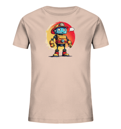 Onlineshop Shirts für Kinder - Das Bild zeigt ein hellbeiges oder blassrosafarbenes T-Shirt für Kinder, das mit einer grafischen Illustration eines Roboters bedruckt ist. Der Roboter ist im Cartoon-Stil dargestellt und trägt einen roten Feuerwehrhelm sowie rote Stiefel. Im Hintergrund befindet sich ein Kreis, der von Gelb über Orange zu Rot verläuft. Eine kleine Sprechblase schwebt über dem Kopf des Roboters, was dem Design eine spielerische Note verleiht.