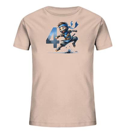 Kinder-T-Shirt mit springendem Ninja und Zahl 4