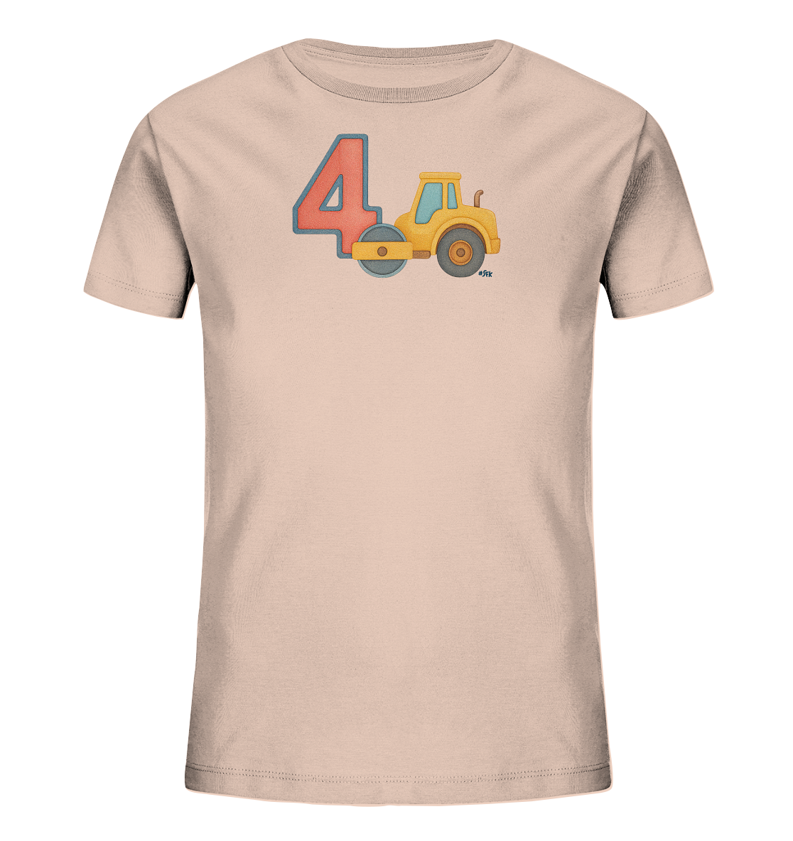 Onlineshop Shirts fuer Kinder - Das Bild zeigt ein hellrosa Kinder-T-Shirt mit einem Motiv fuer den vierten Geburtstag. Darauf sind die grosse Zahl '4' in Rot mit blauem Rand und ein gelbes Baustellenfahrzeug abgebildet. Das Design wirkt verspielt und farbenfroh.