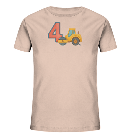Onlineshop Shirts fuer Kinder - Das Bild zeigt ein hellrosa Kinder-T-Shirt mit einem Motiv fuer den vierten Geburtstag. Darauf sind die grosse Zahl '4' in Rot mit blauem Rand und ein gelbes Baustellenfahrzeug abgebildet. Das Design wirkt verspielt und farbenfroh.