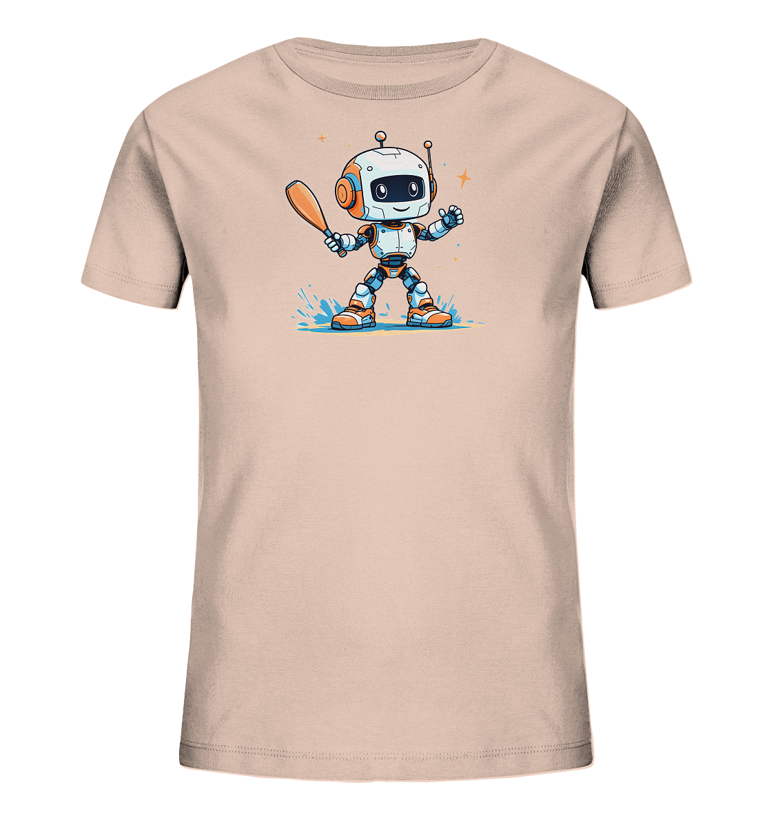 Onlineshop Shirts für Kinder - Das Bild zeigt ein unifarbenes Kinder-T-Shirt in einem zarten Rosa- oder Pfirsichton. Auf der Vorderseite ist eine bunte Grafik eines freundlichen Cartoon-Roboters abgebildet. Der Roboter hält einen Baseballschläger und steht inmitten eines blauen Spritzereffekts, was auf eine dynamische Szene hindeutet. Das Design ist durch kleine Sternchen-Elemente ergänzt und verleiht dem Shirt eine verspielte und energiegeladene Ausstrahlung.