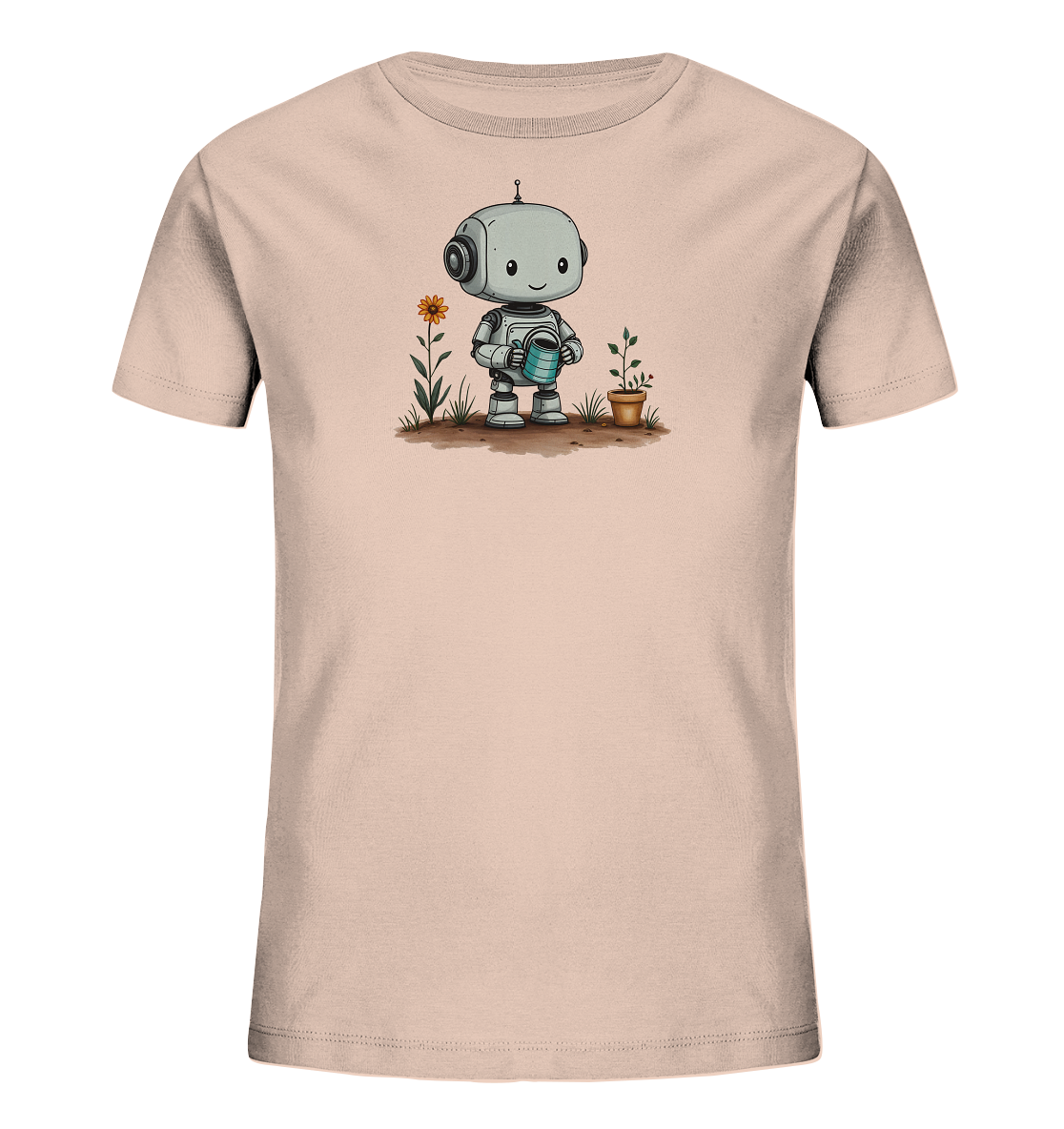 Onlineshop Shirts für Kinder - Das Bild zeigt ein cremefarbenes Kinder-T-Shirt mit einem niedlichen, cartoonhaften Roboter-Motiv auf der Vorderseite. Der kleine Roboter steht auf brauner Erde und hält eine blaue Gießkanne in seinen Händen. Rechts neben ihm steht ein brauner Blumentopf mit einer jungen Pflanze, die er gerade zu gießen scheint. Links vom Roboter wächst eine orangefarbene Blume an einem grünen Stiel, was die Szene eines kleinen Roboters bei der Gartenarbeit darstellt.