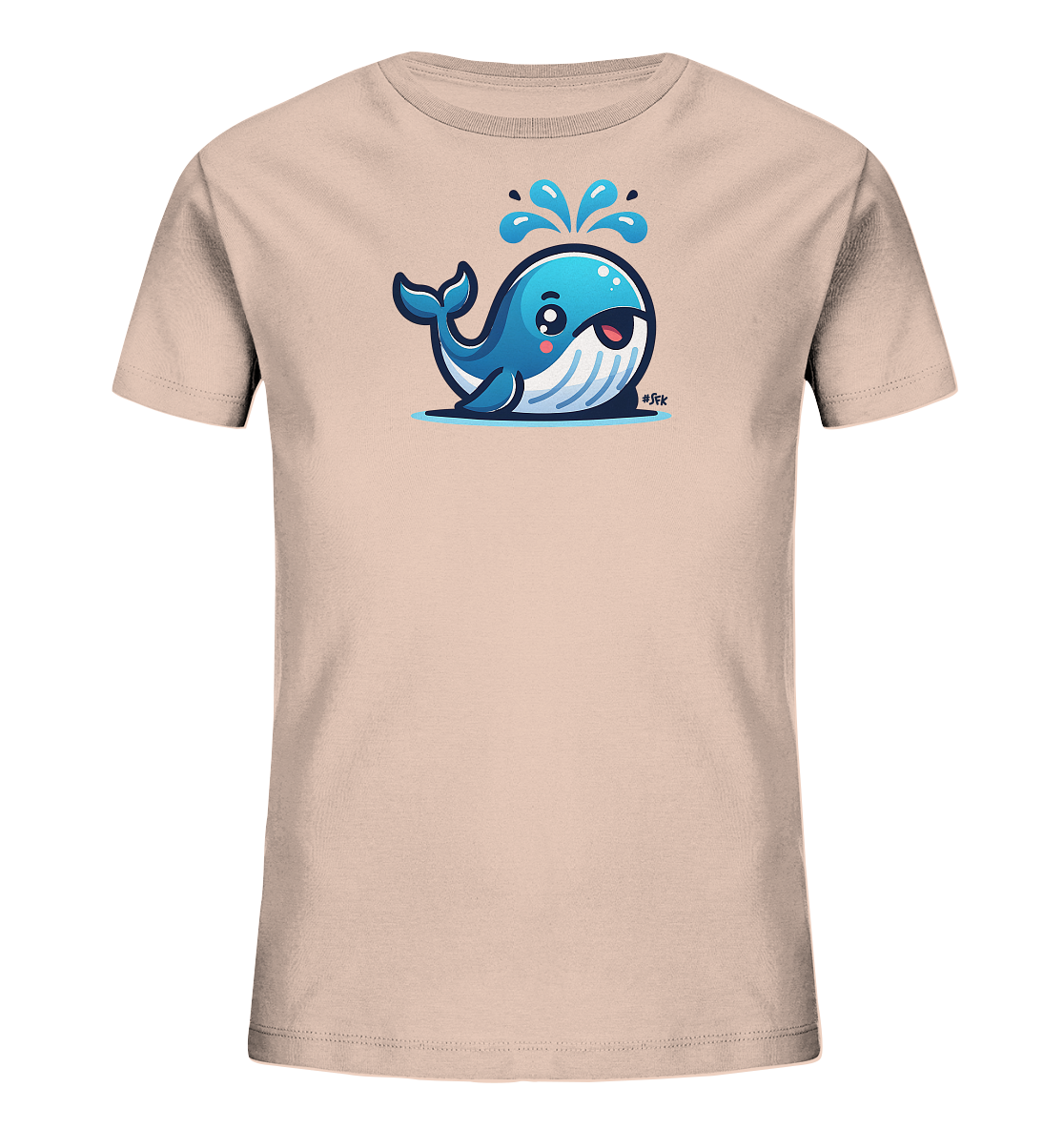 Onlineshop Shirts fuer Kinder - Das Bild zeigt ein beiges Kinder-T-Shirt mit einem niedlichen, cartoonhaften Walmotiv. Der blaue Wal lacht und spritzt Wasser aus seinem Blasloch in die Luft. Die Illustration hat grosse Augen und wirkt sehr freundlich. Das Design ist verspielt und farbenfroh, ideal fuer Kinder.