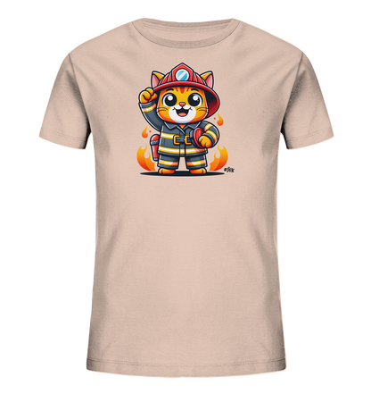 Kinder T-Shirt mit eine winkende Cartoon-Katze als Feuerwehrfigur mit Helm und Uniform