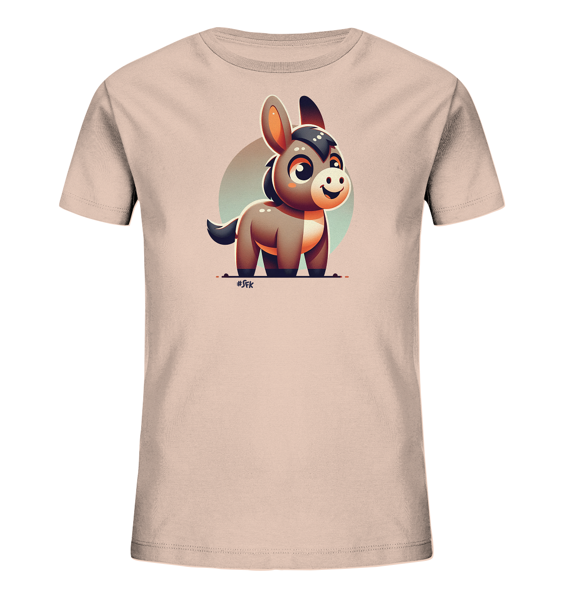 Onlineshop Shirts fuer Kinder - Das Bild zeigt ein helles, beigefarbenes Kinder-T-Shirt. Auf der Vorderseite ist eine suesse, cartoonhafte Illustration eines Esels zu sehen. Der Esel ist braun und grau dargestellt, hat grosse Augen und ein freundliches Laecheln. Hinter ihm befindet sich ein dezenter, kreisfoermiger Hintergrund.