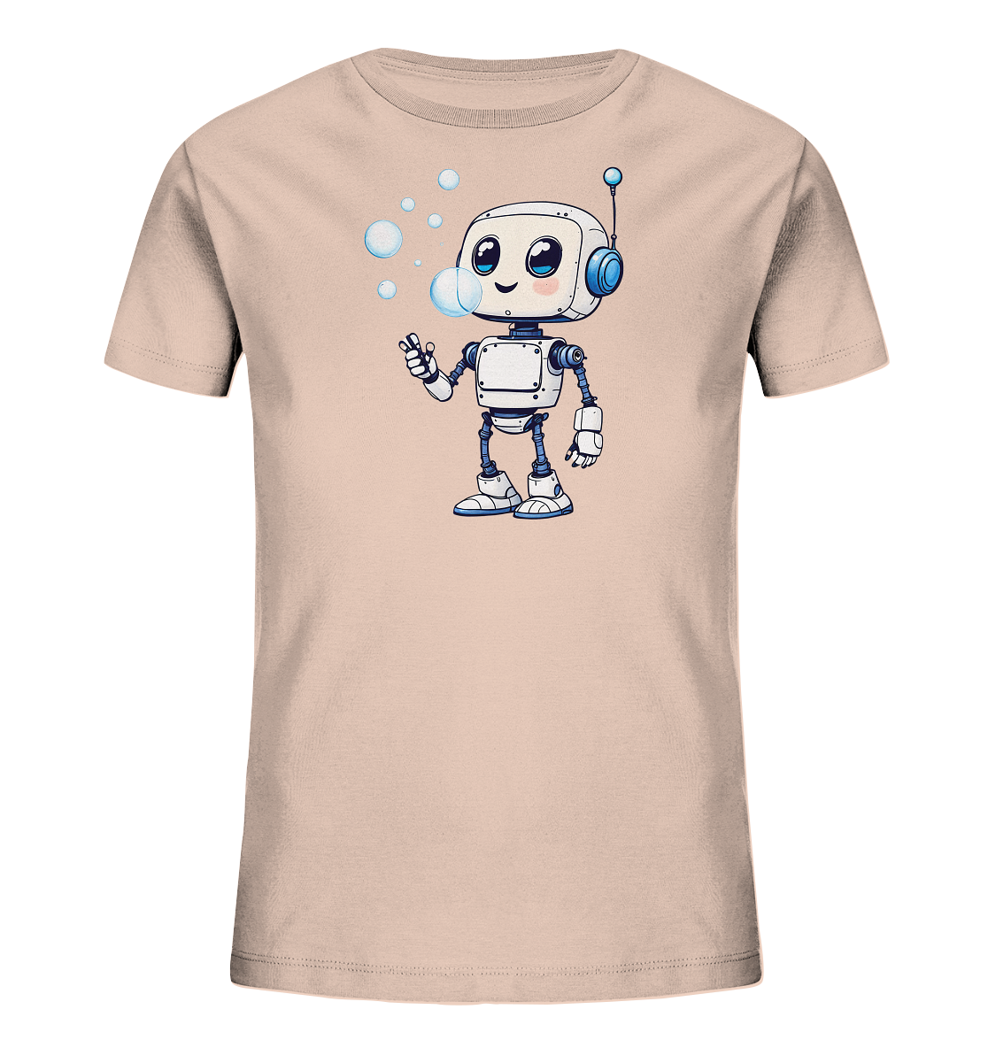 Onlineshop Shirts für Kinder - Das Bild zeigt ein beiges Kinder-T-Shirt mit einem farbenfrohen Aufdruck auf der Vorderseite. Der Aufdruck stellt einen niedlichen Cartoon-Roboter dar, der fröhlich in die Luft schaut. Der Roboter bläst gerade mehrere Seifenblasen, die um seinen Kopf herum schweben. Die Grafik ist detailreich gestaltet mit blauen und grauen Akzenten, was dem Shirt einen verspielten und ansprechenden Look verleiht.