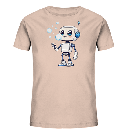 Onlineshop Shirts für Kinder - Das Bild zeigt ein beiges Kinder-T-Shirt mit einem farbenfrohen Aufdruck auf der Vorderseite. Der Aufdruck stellt einen niedlichen Cartoon-Roboter dar, der fröhlich in die Luft schaut. Der Roboter bläst gerade mehrere Seifenblasen, die um seinen Kopf herum schweben. Die Grafik ist detailreich gestaltet mit blauen und grauen Akzenten, was dem Shirt einen verspielten und ansprechenden Look verleiht.
