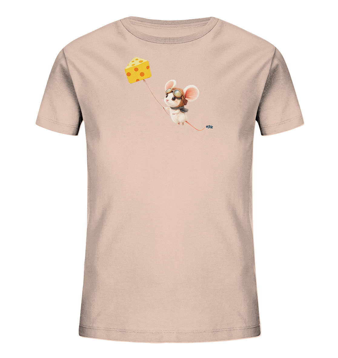 Onlineshop Shirts fuer Kinder - Das Bild zeigt ein hellrosa Kinder-T-Shirt mit einem fantasievollen Motiv. Darauf ist eine niedliche Maus in Pilotenbrille und Kappe zu sehen. Die Maus haelt eine Schnur, an deren Ende ein gelber Kaese befestigt ist, der wie ein Drachen fliegt. Das Design wirkt verspielt und charmant, ideal fuer kleine Abenteurer.