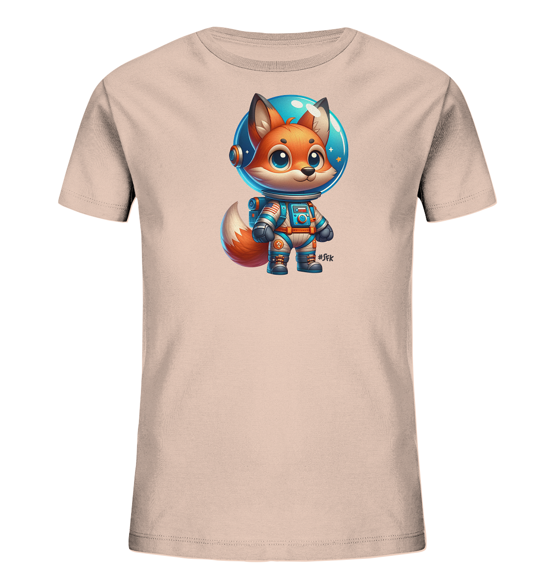 Onlineshop Shirts fuer Kinder - Das Bild zeigt ein beiges T-Shirt fuer Kinder. Auf der Vorderseite ist ein niedlicher Cartoon-Fuchs in einem blauen und grauen Astronautenanzug abgebildet. Der Fuchs traegt einen Helm, durch den Sterne und Planeten sichtbar sind, und hat einen freundlichen Ausdruck. Das verspielte Design ist ideal fuer kleine Weltraum-Fans.